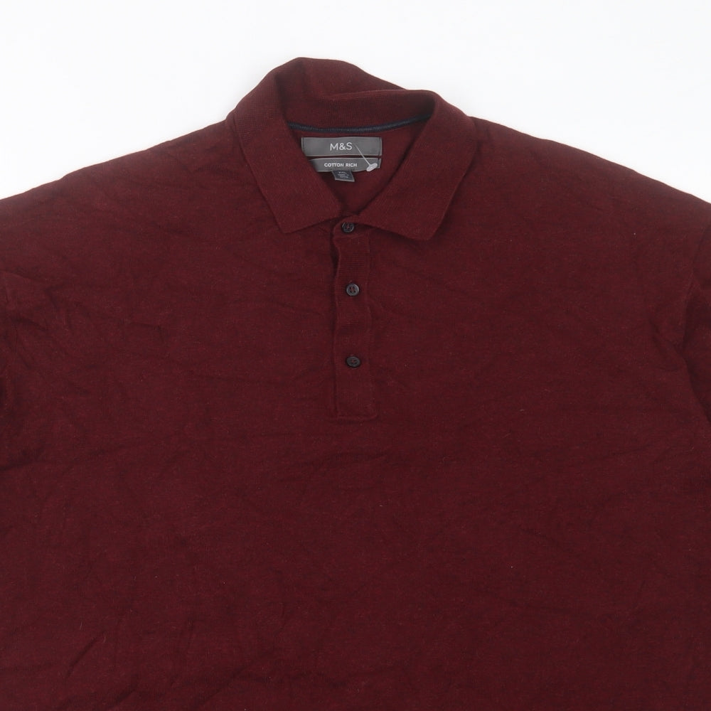 Marks and Spencer Mens Red Cotton Polo Size 3XL Collared Button