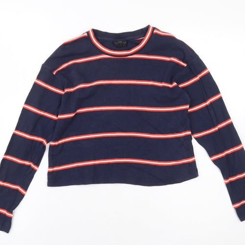 Topshop Womens Blue Striped 100% Cotton Cropped T-Shirt Size 4 Round Neck
