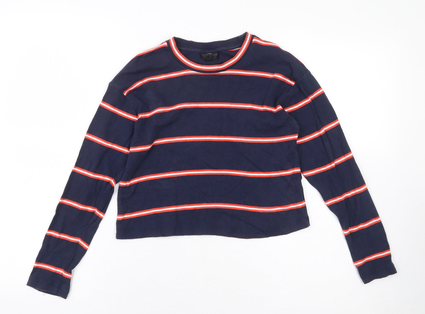 Topshop Womens Blue Striped 100% Cotton Cropped T-Shirt Size 4 Round Neck