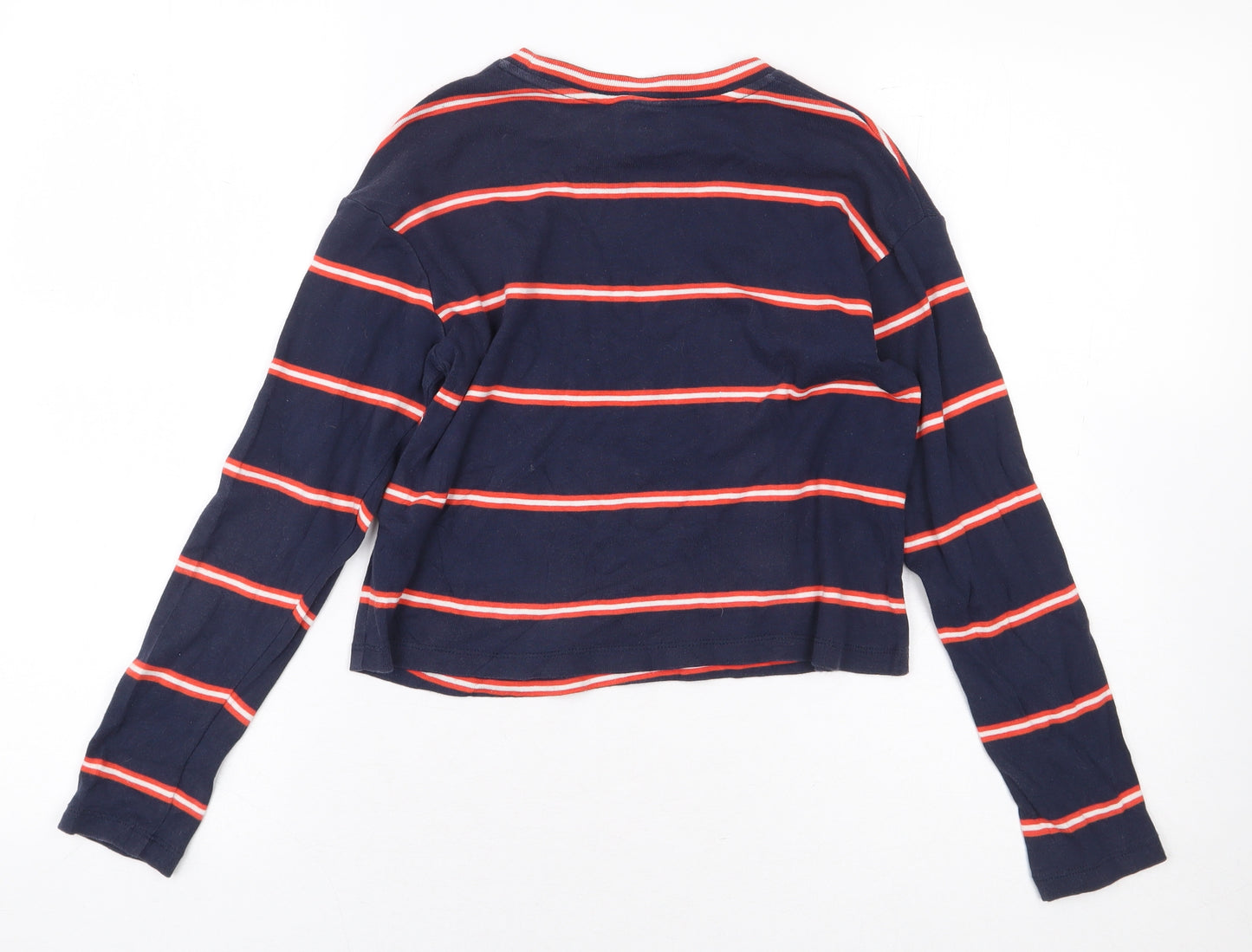 Topshop Womens Blue Striped 100% Cotton Cropped T-Shirt Size 4 Round Neck