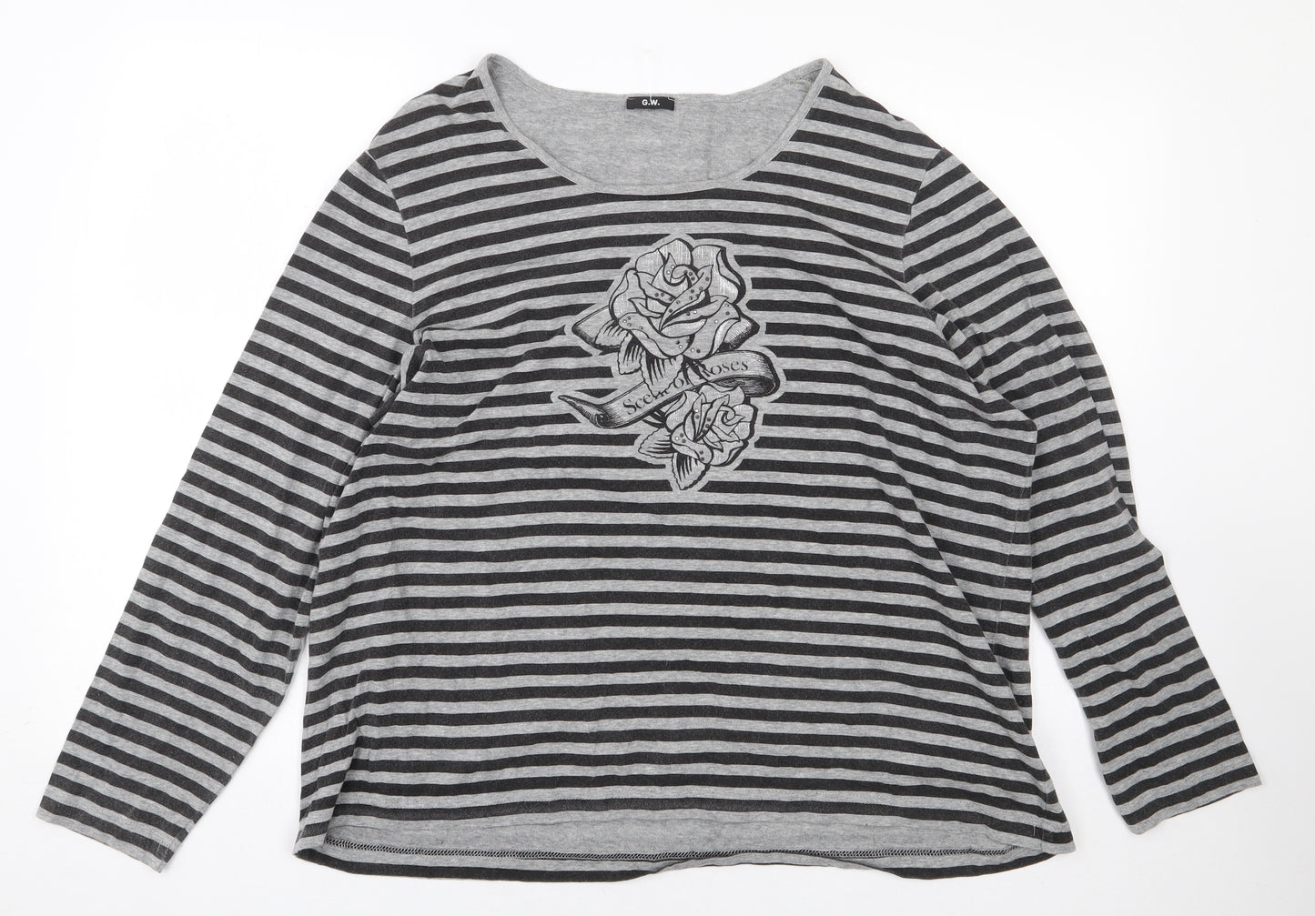 G.W Womens Grey Striped Cotton Basic T-Shirt Size 22 Round Neck - Rose