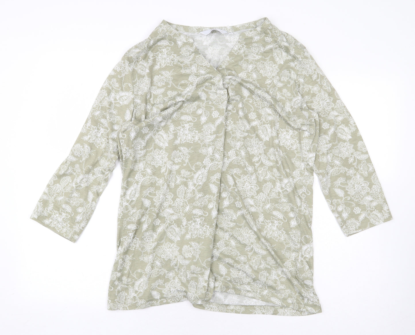 Isle Essentials Womens Green Floral Polyester Basic Blouse Size M V-Neck
