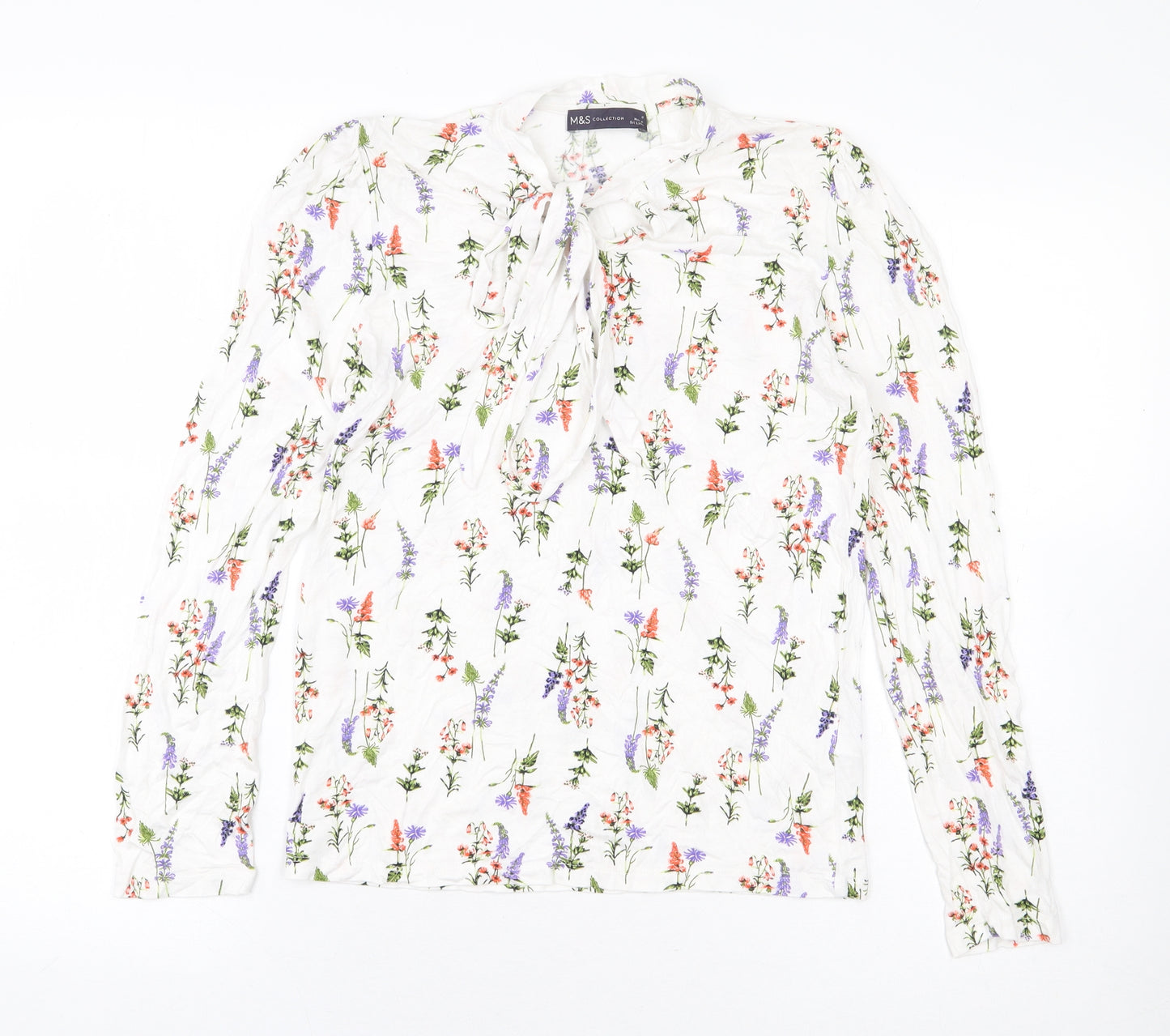 Marks and Spencer Womens White Floral Viscose Basic Blouse Size 8 Round Neck
