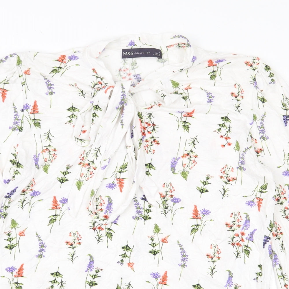 Marks and Spencer Womens White Floral Viscose Basic Blouse Size 8 Round Neck