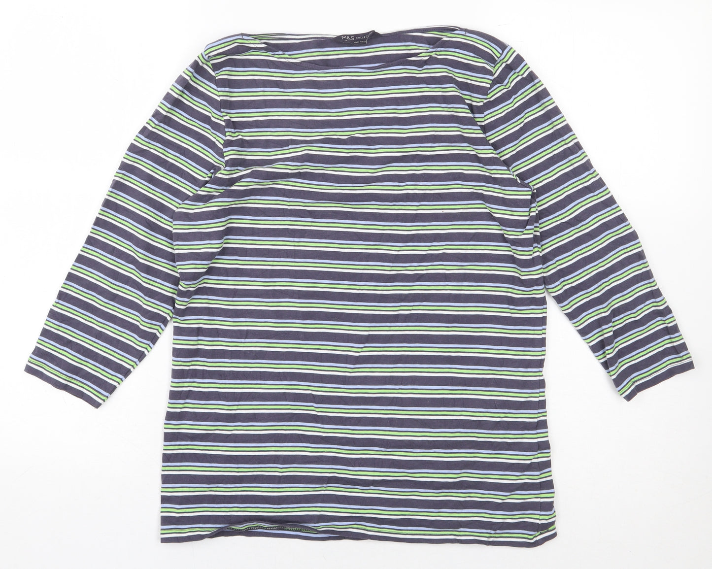 Marks and Spencer Womens Multicoloured Striped Cotton Basic T-Shirt Size 14 Round Neck