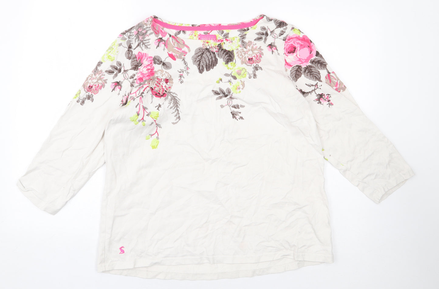 Joules Womens White Floral Cotton Basic T-Shirt Size 16 Round Neck