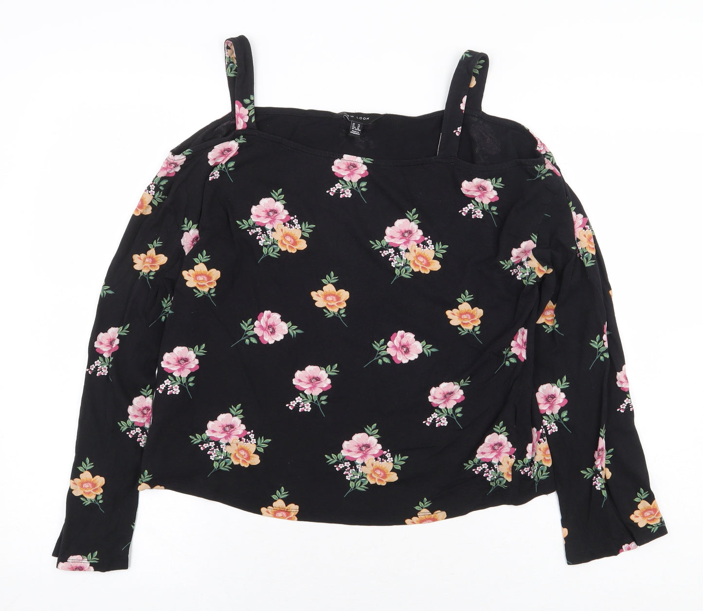 New Look Womens Black Floral Cotton Basic Blouse Size 14 Off the Shoulder