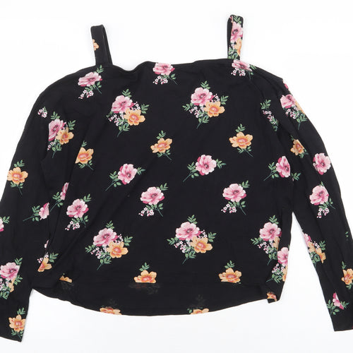 New Look Womens Black Floral Cotton Basic Blouse Size 14 Off the Shoulder