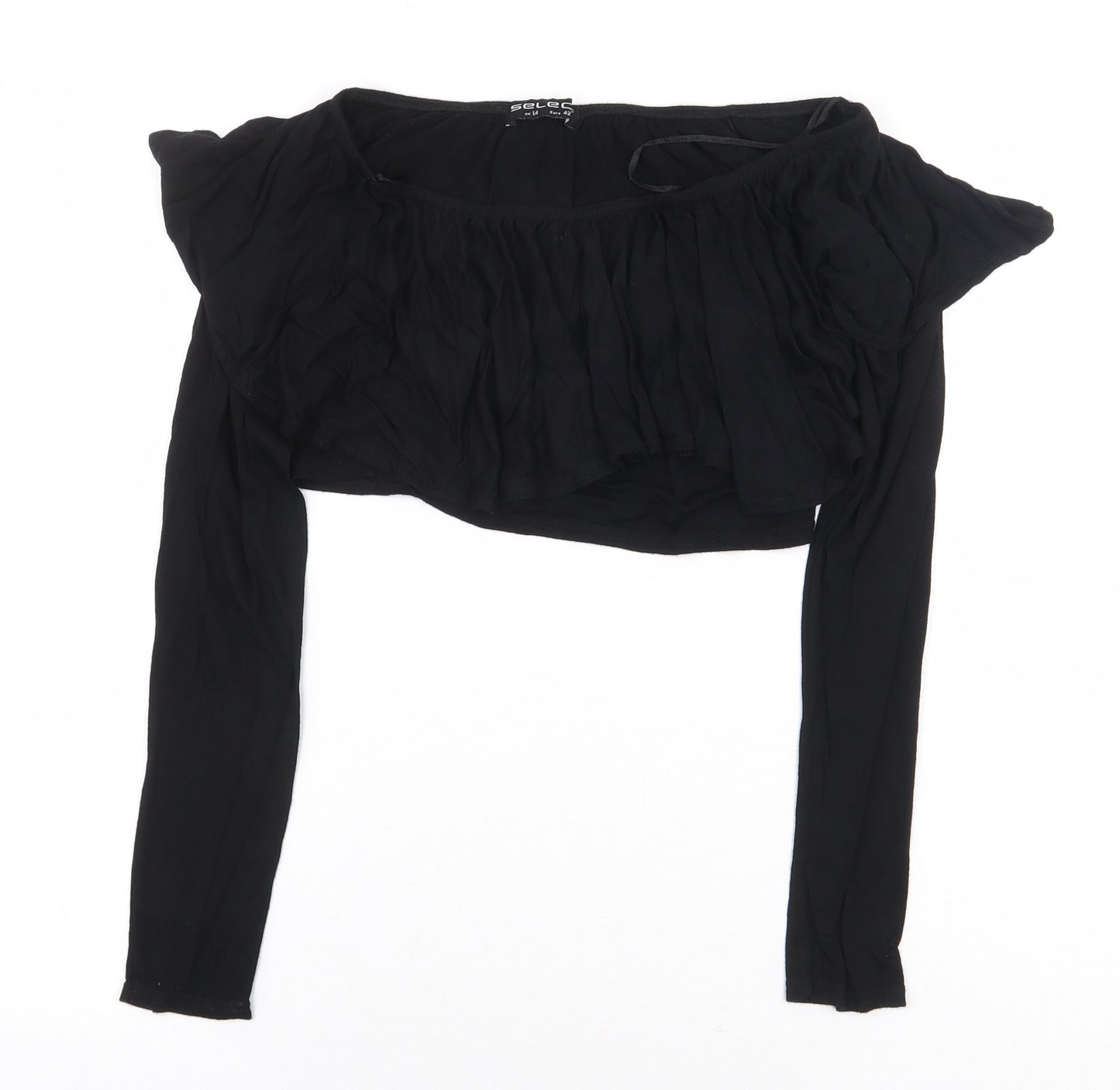 Select Womens Black Viscose Cropped T-Shirt Size 14 Off the Shoulder