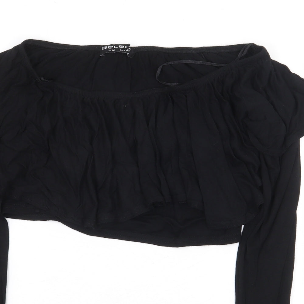 Select Womens Black Viscose Cropped T-Shirt Size 14 Off the Shoulder