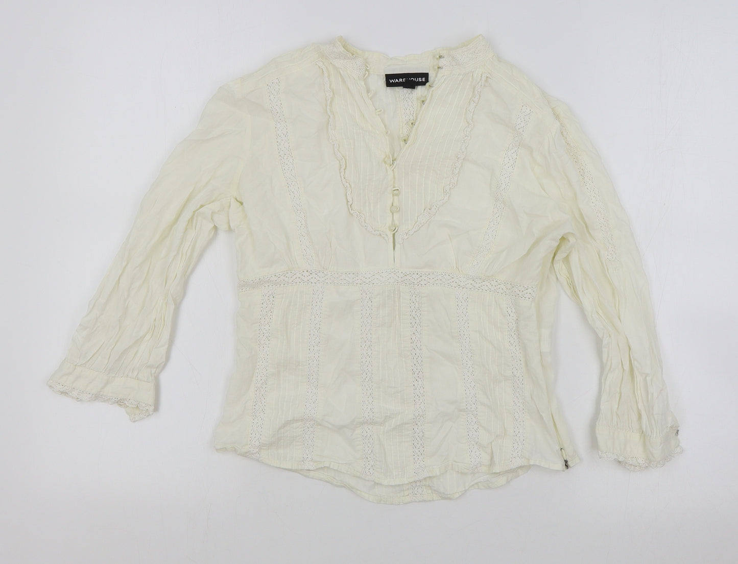 Warehouse Womens Ivory Cotton Basic Button-Up Size 10 V-Neck - Lace Detail
