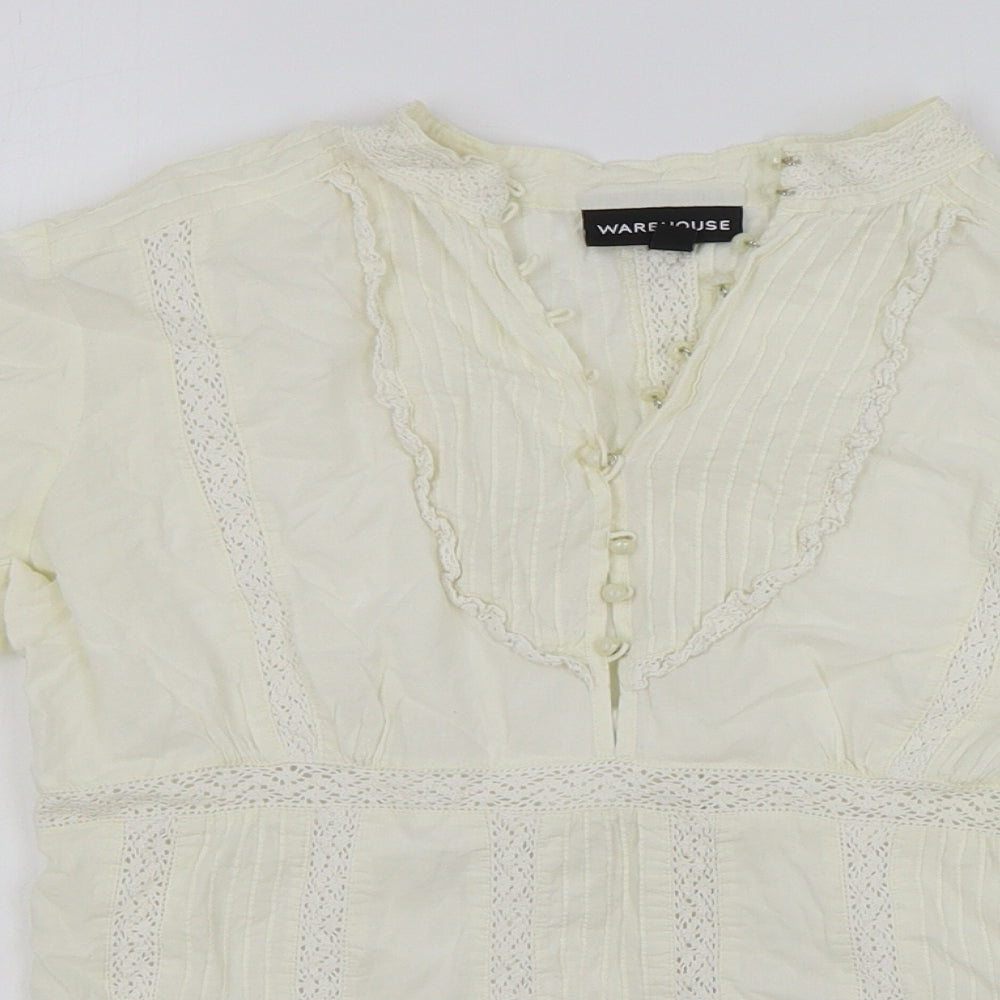 Warehouse Womens Ivory Cotton Basic Button-Up Size 10 V-Neck - Lace Detail