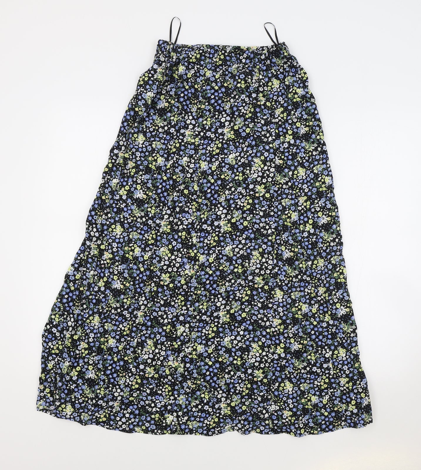 M&S Womens Black Floral Viscose Flare Skirt Size 6 Button