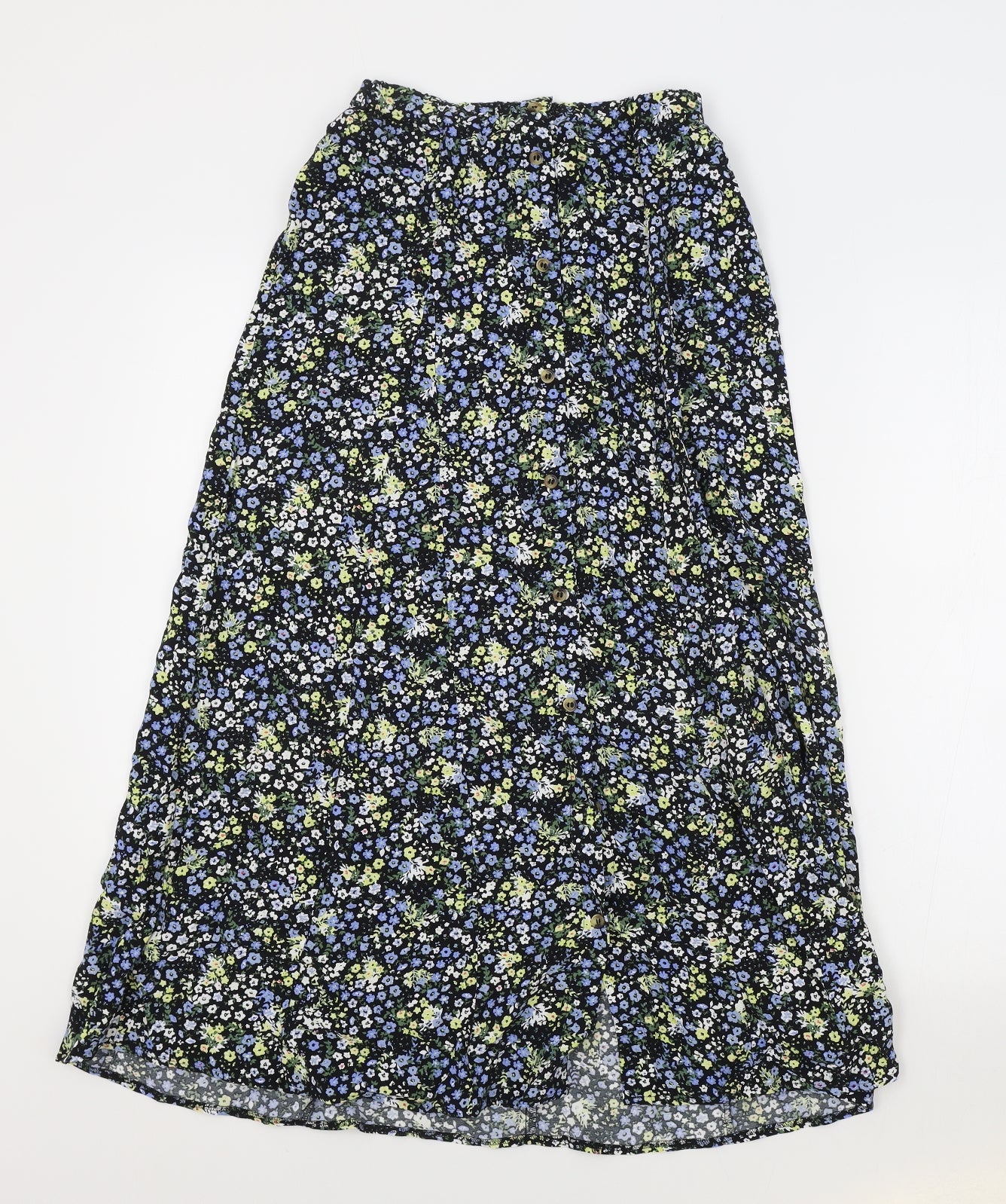 M&S Womens Black Floral Viscose Flare Skirt Size 6 Button