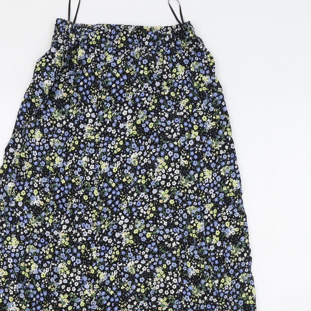 M&S Womens Black Floral Viscose Flare Skirt Size 6 Button
