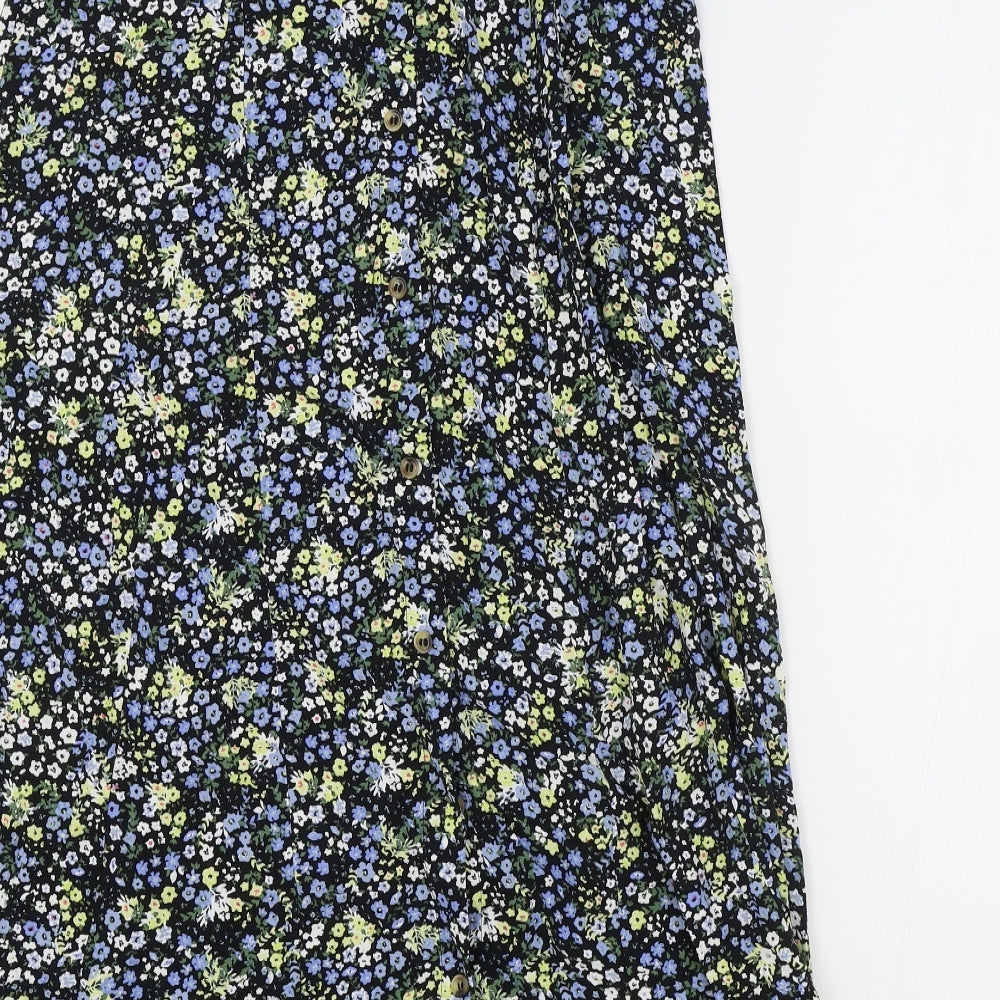 M&S Womens Black Floral Viscose Flare Skirt Size 6 Button