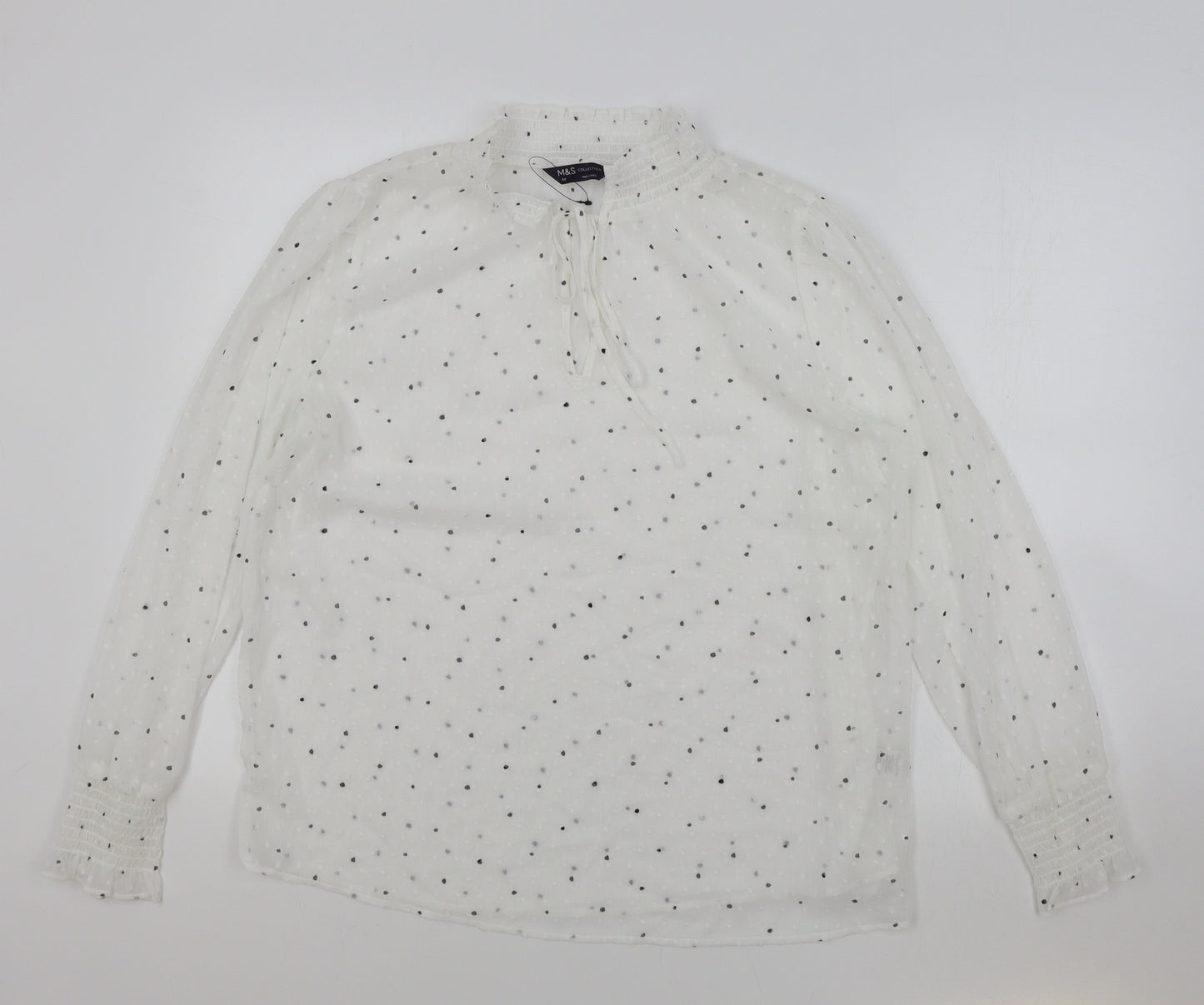Marks and Spencer Womens White Polka Dot Polyester Basic Blouse Size 14 V-Neck