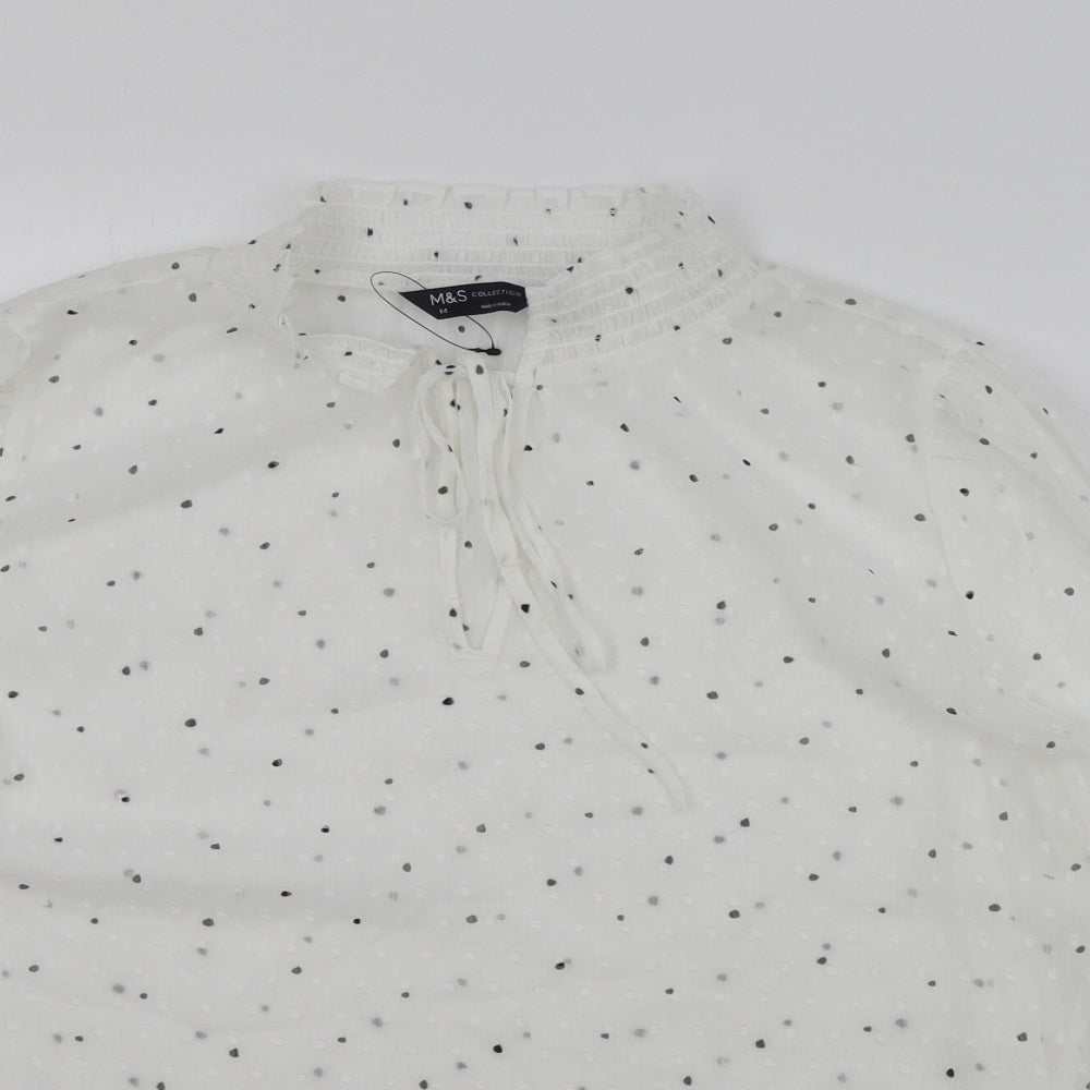 Marks and Spencer Womens White Polka Dot Polyester Basic Blouse Size 14 V-Neck