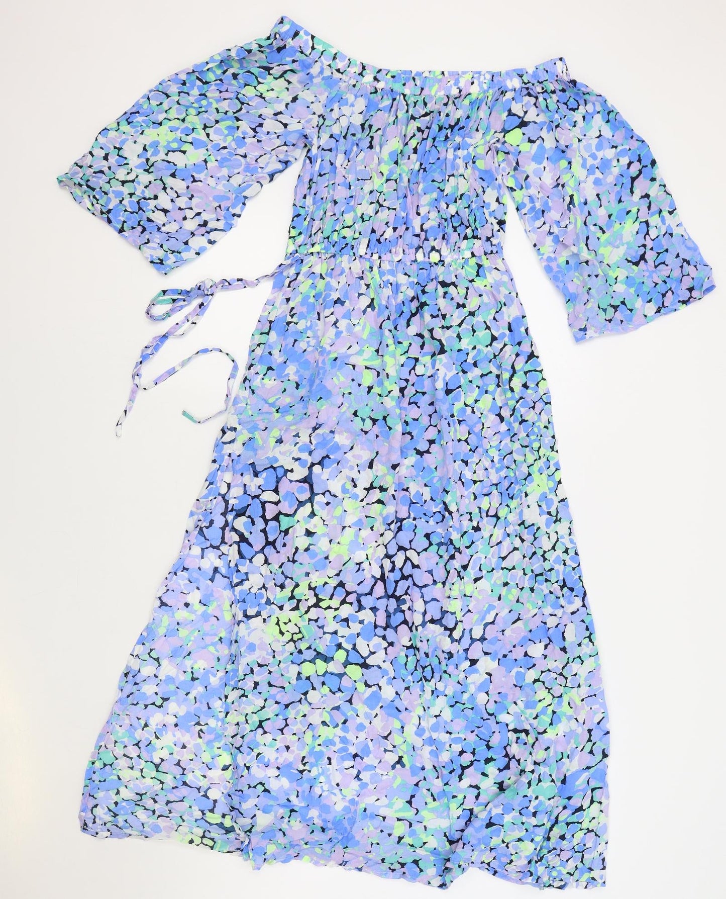 Marks and Spencer Womens Blue Geometric Modal Fit & Flare Size 8 Off the Shoulder - Elasticated Waist