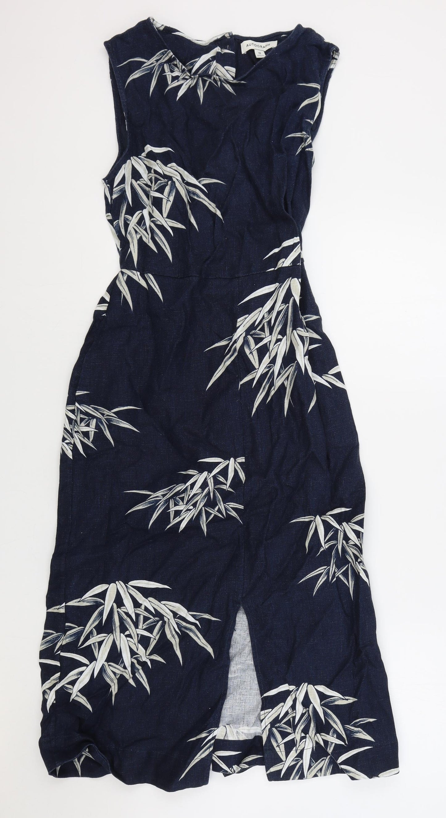 Marks and Spencer Womens Blue Floral Linen A-Line Size 10 Round Neck Zip