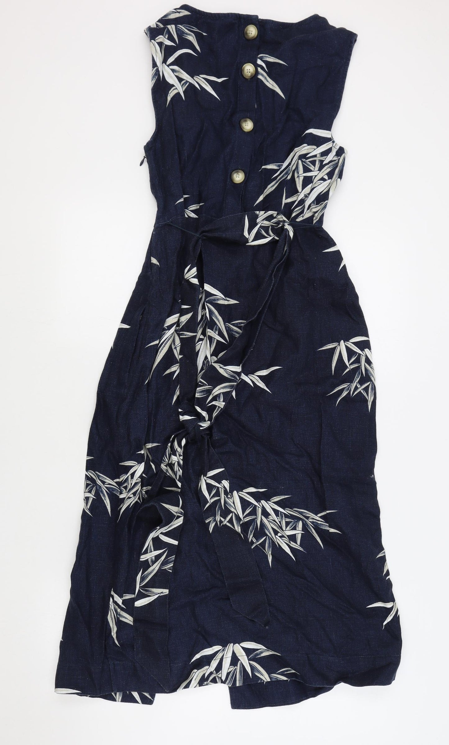 Marks and Spencer Womens Blue Floral Linen A-Line Size 10 Round Neck Zip