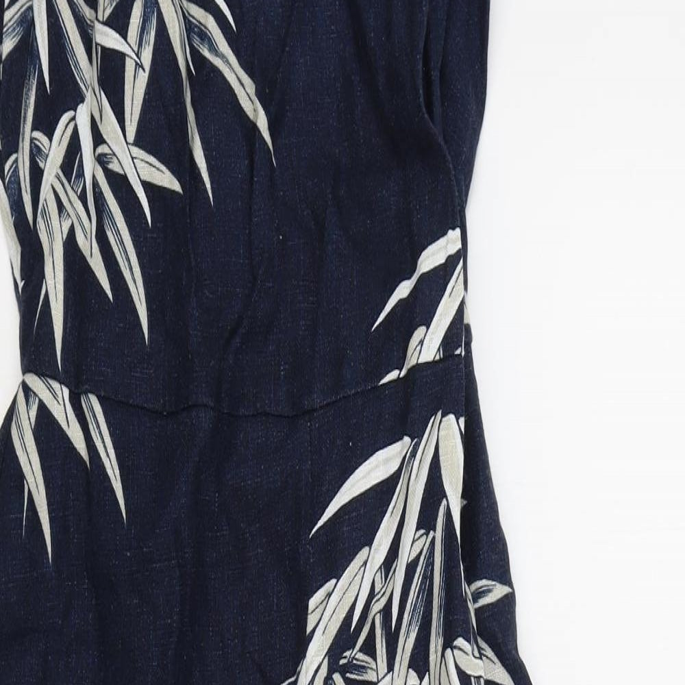 Marks and Spencer Womens Blue Floral Linen A-Line Size 10 Round Neck Zip