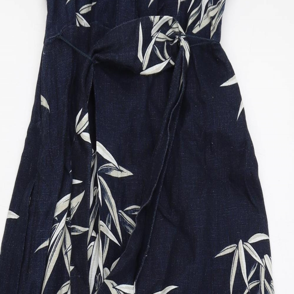 Marks and Spencer Womens Blue Floral Linen A-Line Size 10 Round Neck Zip