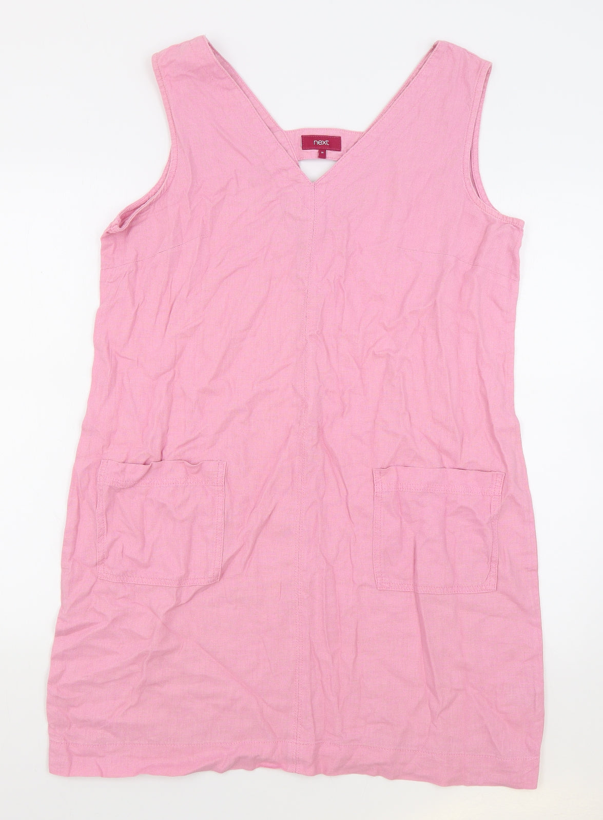 NEXT Womens Pink Linen Pinafore/Dungaree Dress Size 14 V-Neck Pullover
