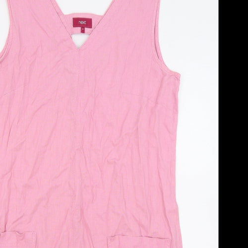 NEXT Womens Pink Linen Pinafore/Dungaree Dress Size 14 V-Neck Pullover
