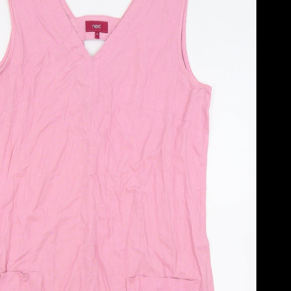 NEXT Womens Pink Linen Pinafore/Dungaree Dress Size 14 V-Neck Pullover