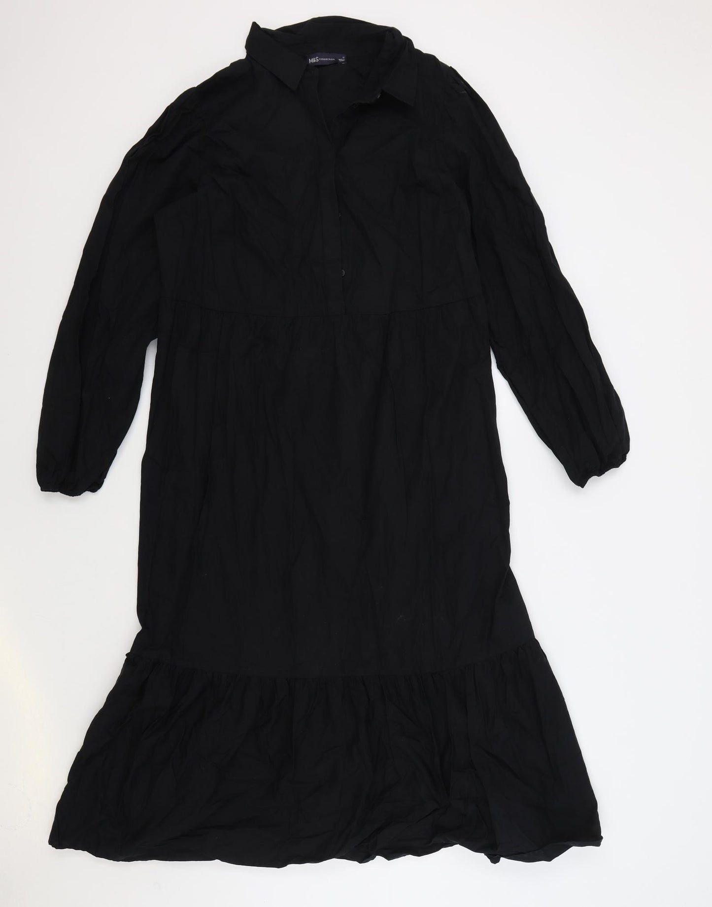 Marks and Spencer Womens Black 100% Cotton T-Shirt Dress Size 16 Collared Button