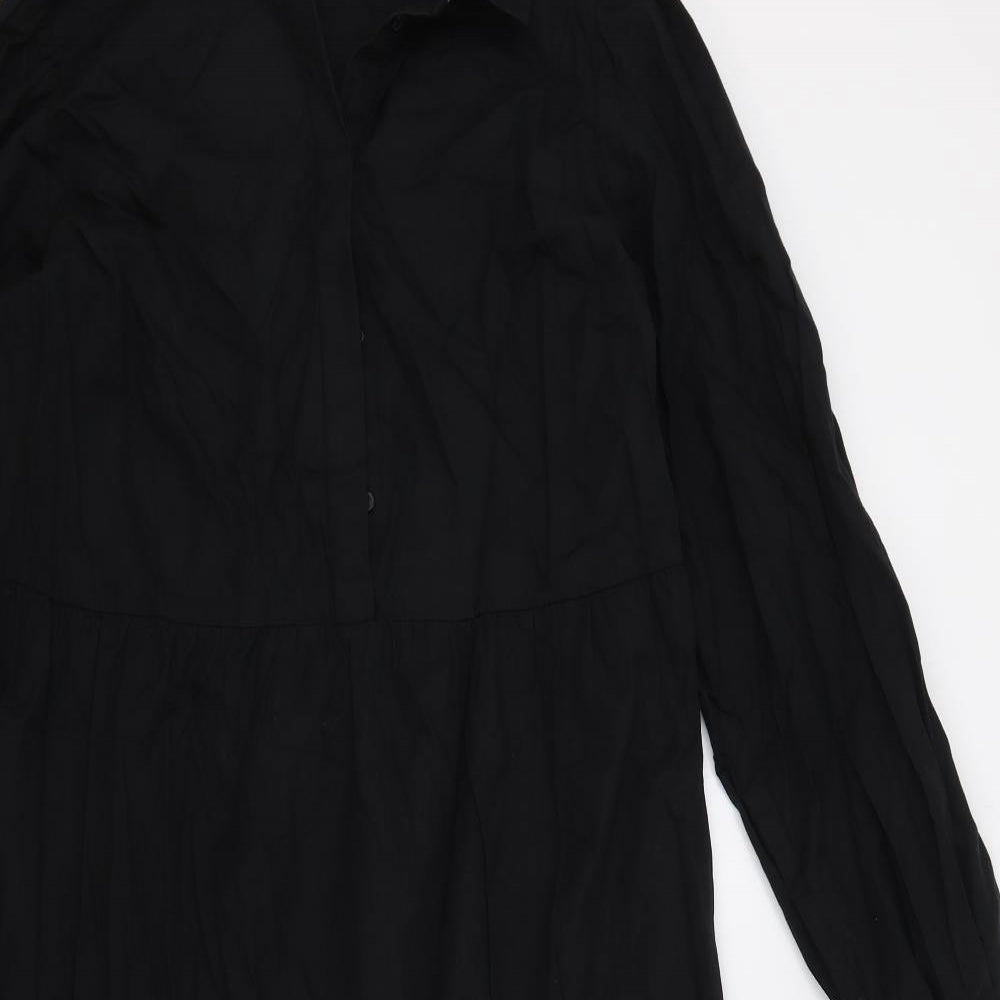 Marks and Spencer Womens Black 100% Cotton T-Shirt Dress Size 16 Collared Button