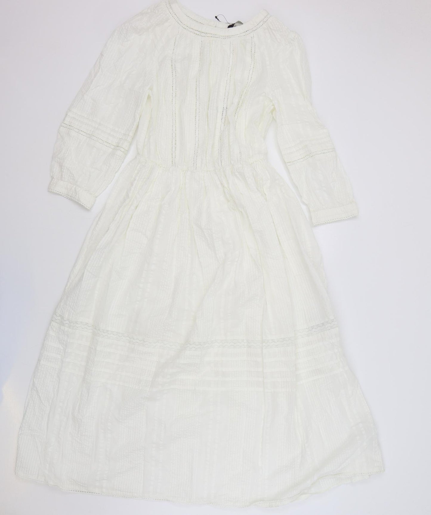 Marks and Spencer Womens White Cotton T-Shirt Dress Size 10 Round Neck Button - Lace Detail