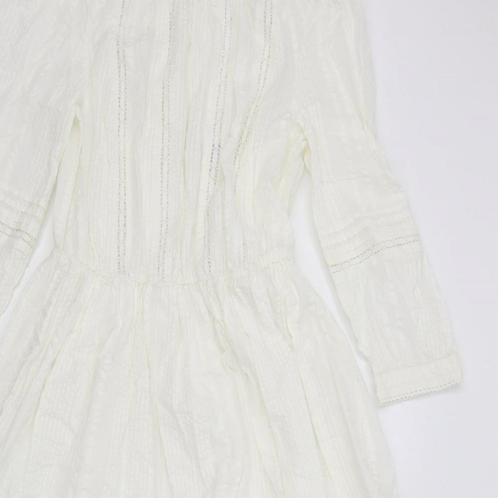 Marks and Spencer Womens White Cotton T-Shirt Dress Size 10 Round Neck Button - Lace Detail