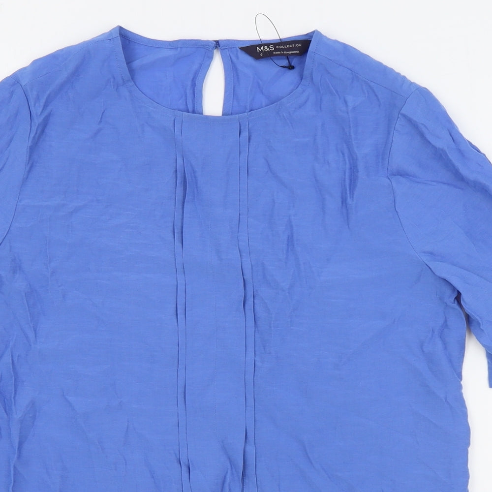Marks and Spencer Womens Blue Viscose Basic T-Shirt Size 6 Round Neck