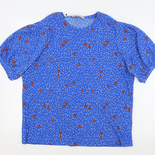 M&S Womens Blue Floral Polyester Basic T-Shirt Size 18 Round Neck