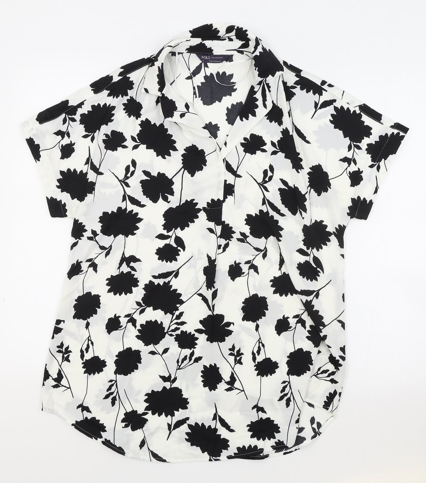 M&S Womens White Floral Polyester Basic Blouse Size 8 Collared