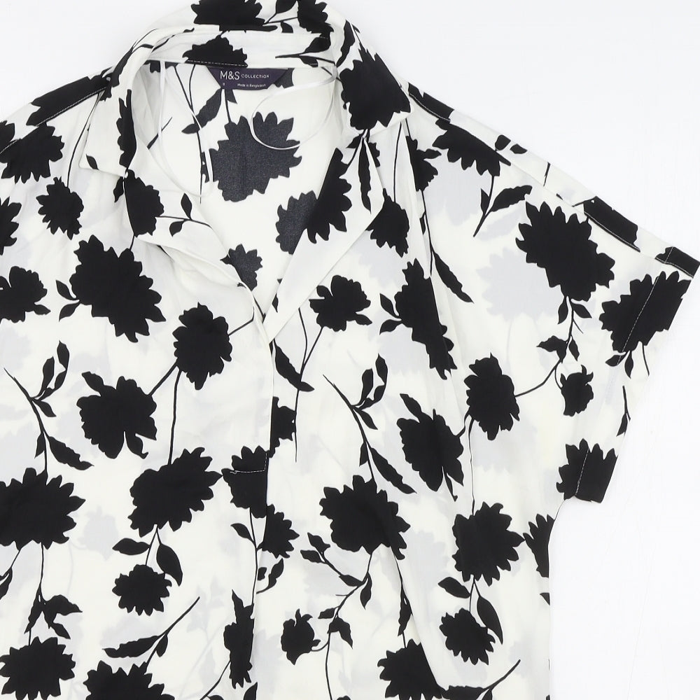 M&S Womens White Floral Polyester Basic Blouse Size 8 Collared