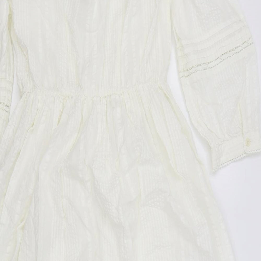 M&S Womens Ivory Cotton Fit & Flare Size 12 Round Neck Button