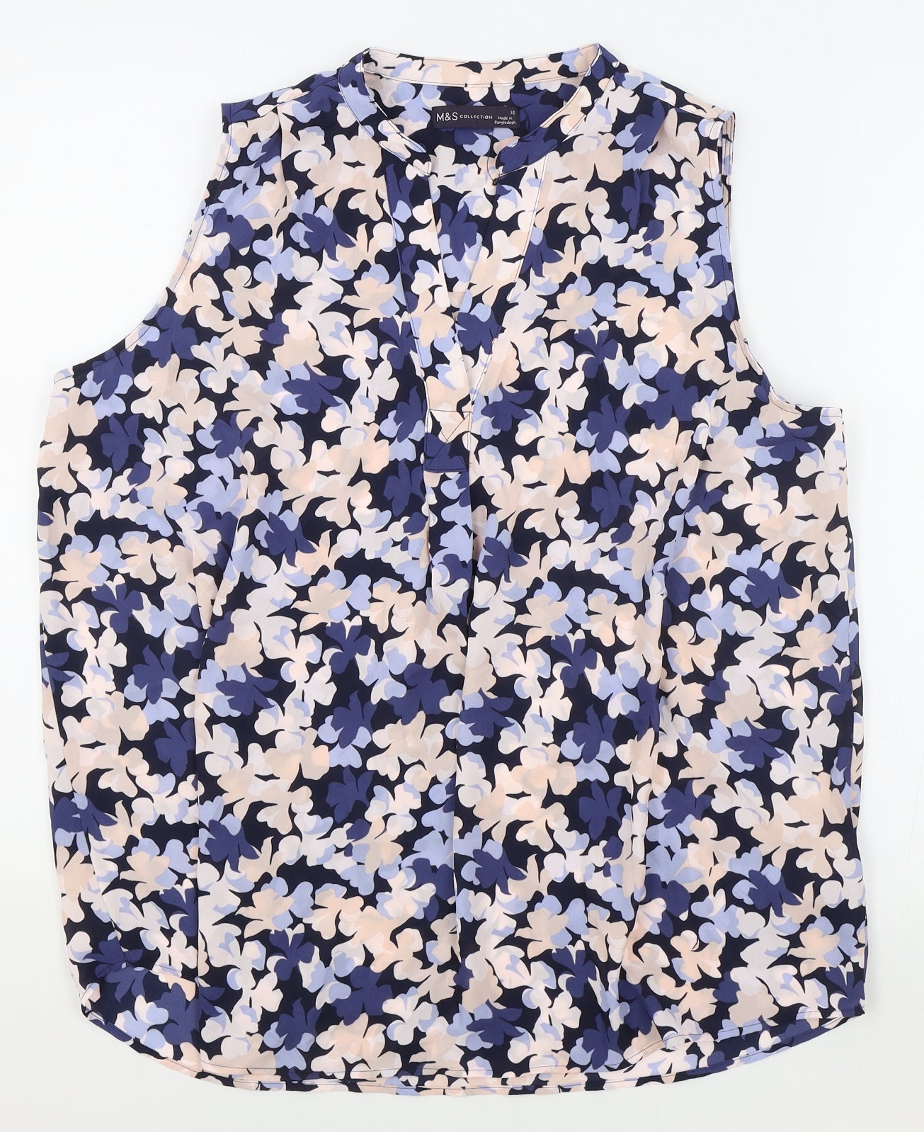 M&S Womens Blue Floral Polyester Basic Blouse Size 16 V-Neck
