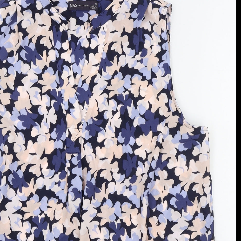 M&S Womens Blue Floral Polyester Basic Blouse Size 16 V-Neck