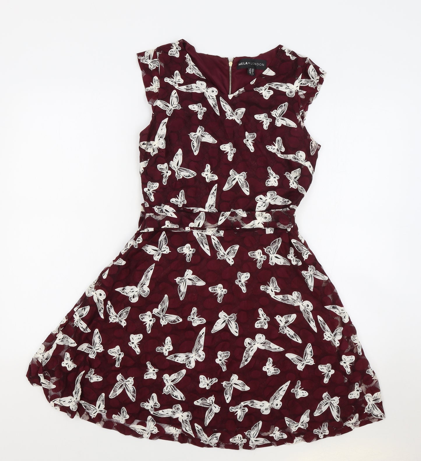Mela London Womens Red Geometric Polyester Skater Dress Size 10 Round Neck Zip - Butterfly Print