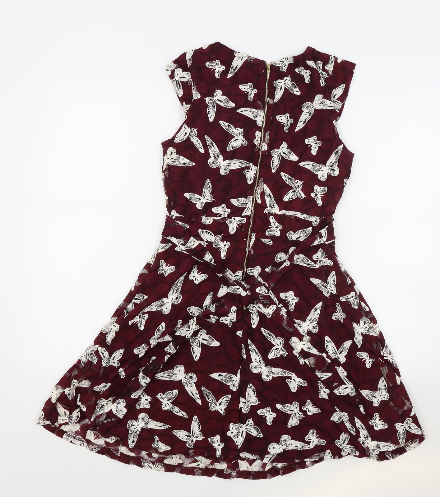 Mela London Womens Red Geometric Polyester Skater Dress Size 10 Round Neck Zip - Butterfly Print