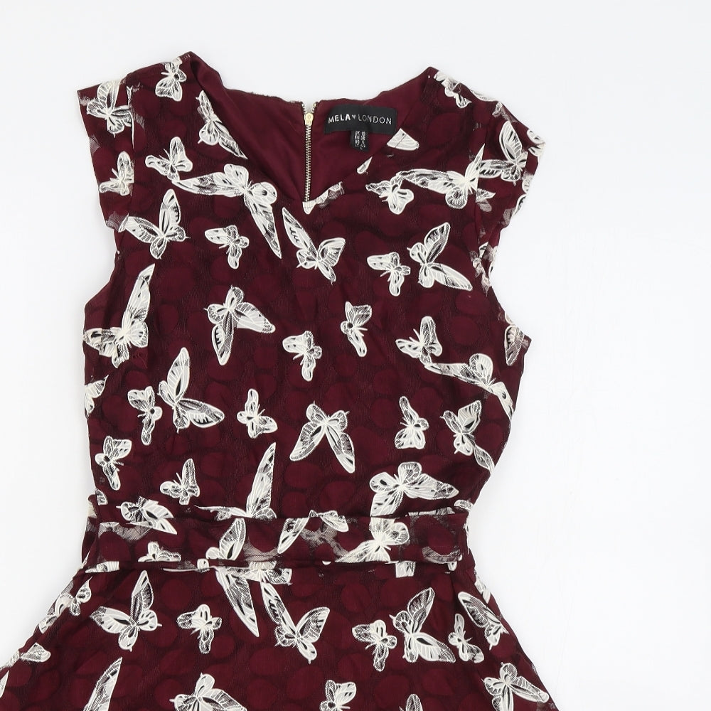 Mela London Womens Red Geometric Polyester Skater Dress Size 10 Round Neck Zip - Butterfly Print