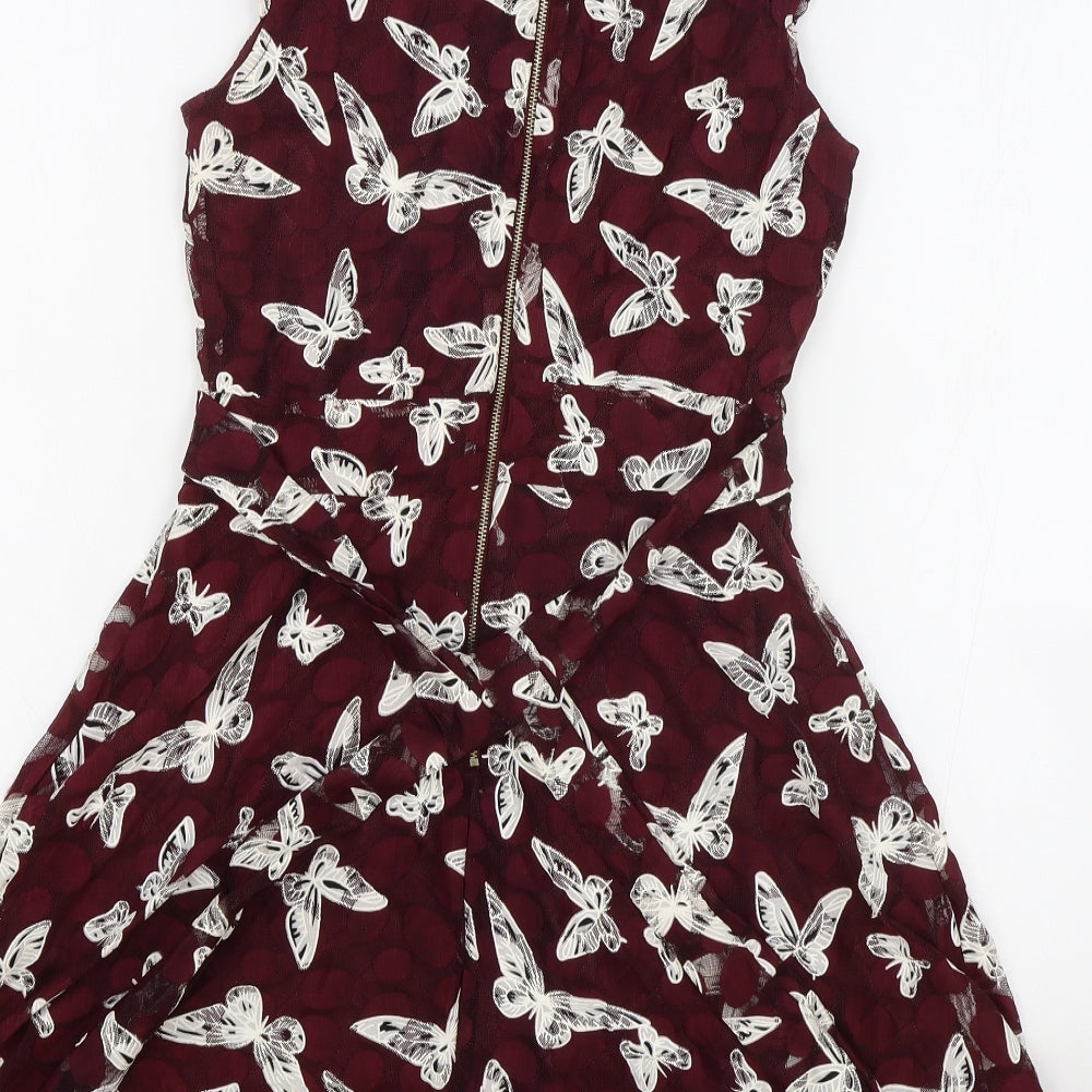 Mela London Womens Red Geometric Polyester Skater Dress Size 10 Round Neck Zip - Butterfly Print