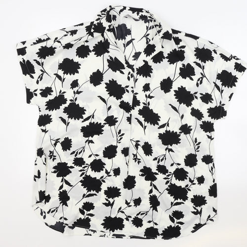 M&S Womens White Floral Polyester Basic Blouse Size 16 V-Neck