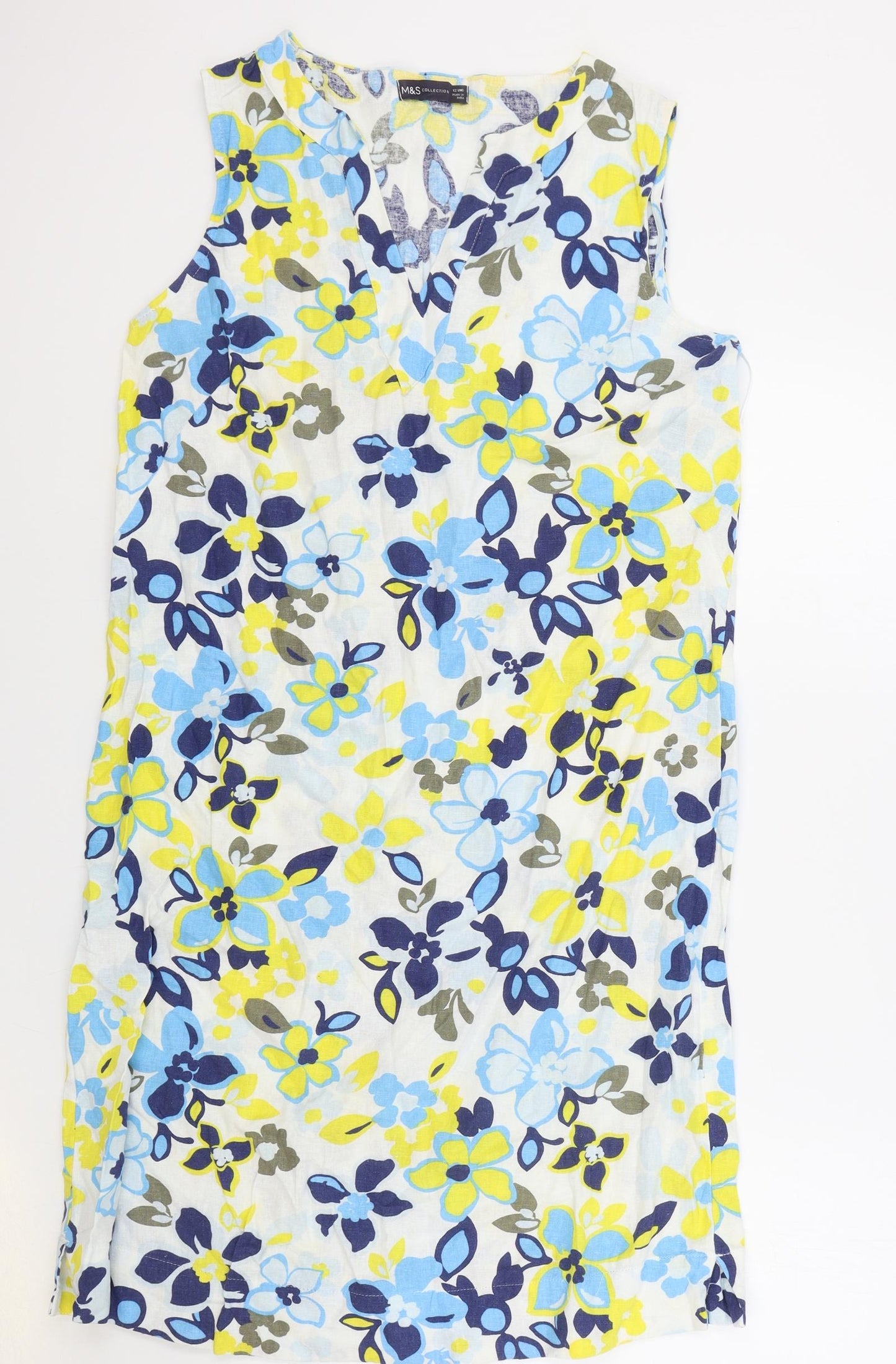 M&S Womens Multicoloured Floral Linen Sheath Size 12 V-Neck Pullover
