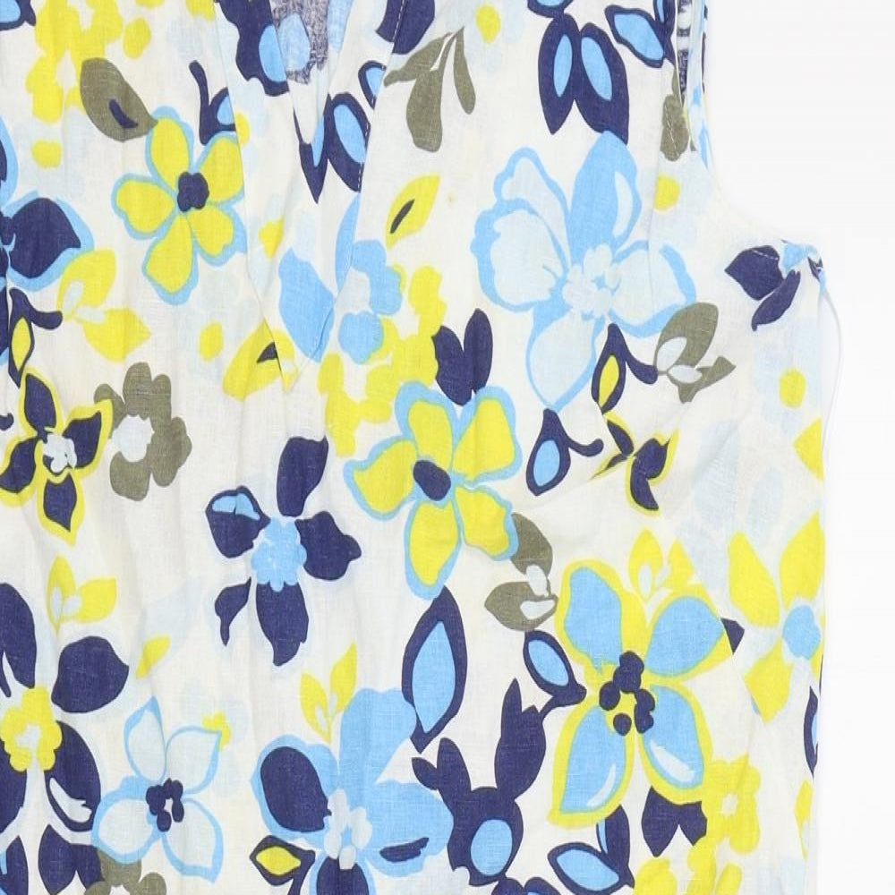 M&S Womens Multicoloured Floral Linen Sheath Size 12 V-Neck Pullover