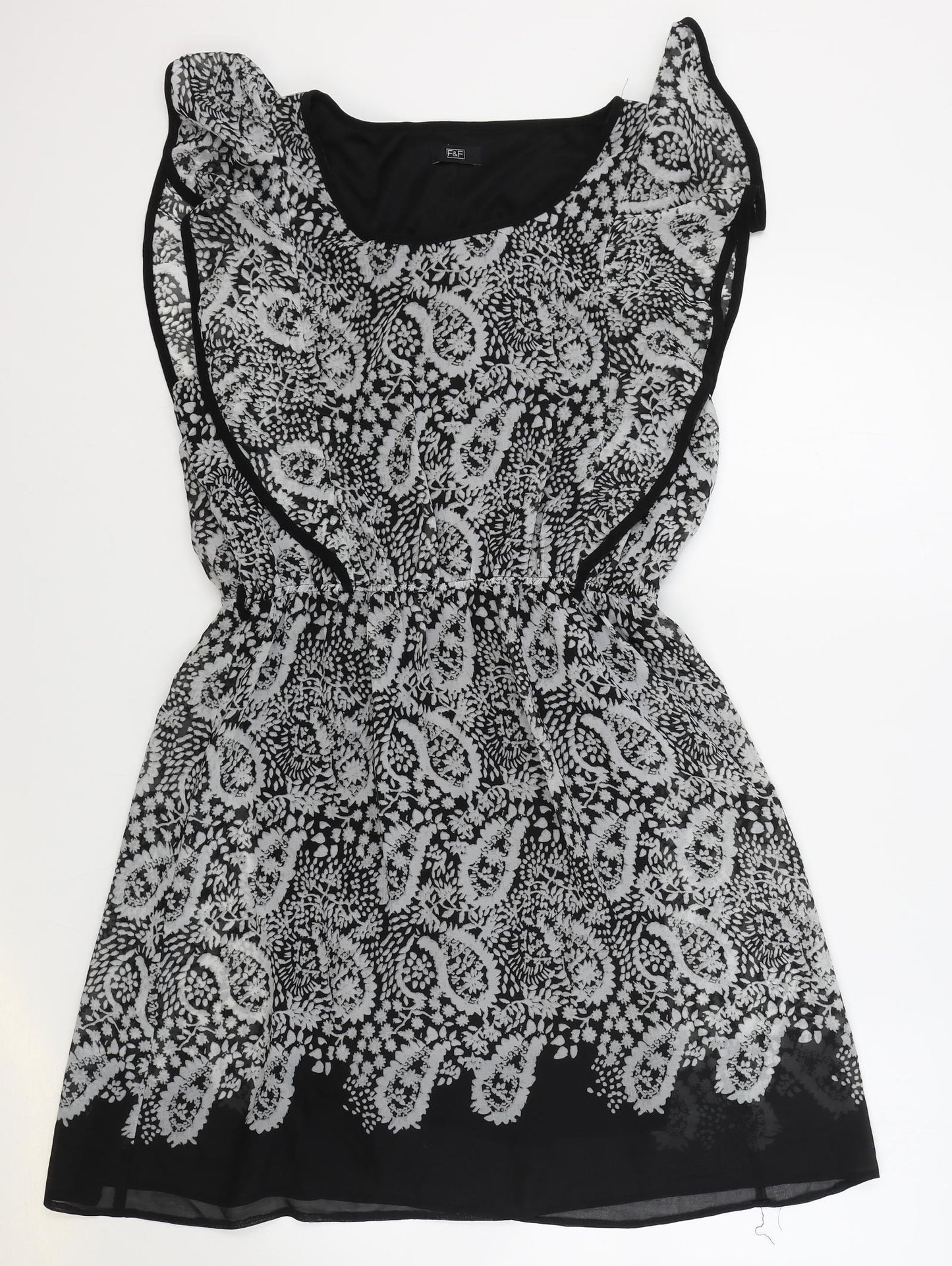 F&F Womens Black Paisley Polyester Fit & Flare Size 16 Boat Neck Pullover