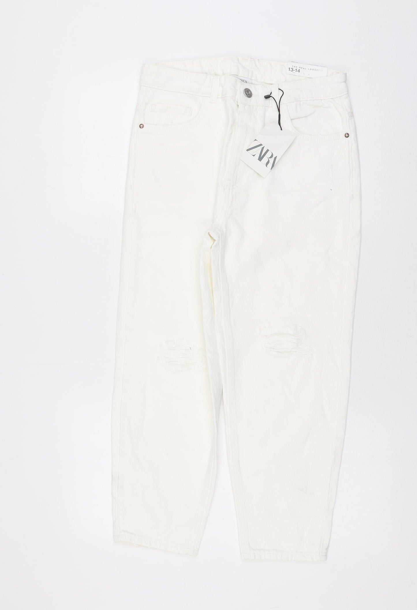 Zara Girls White Cotton Straight Jeans Size 13-14 Years Regular Zip - Distressed